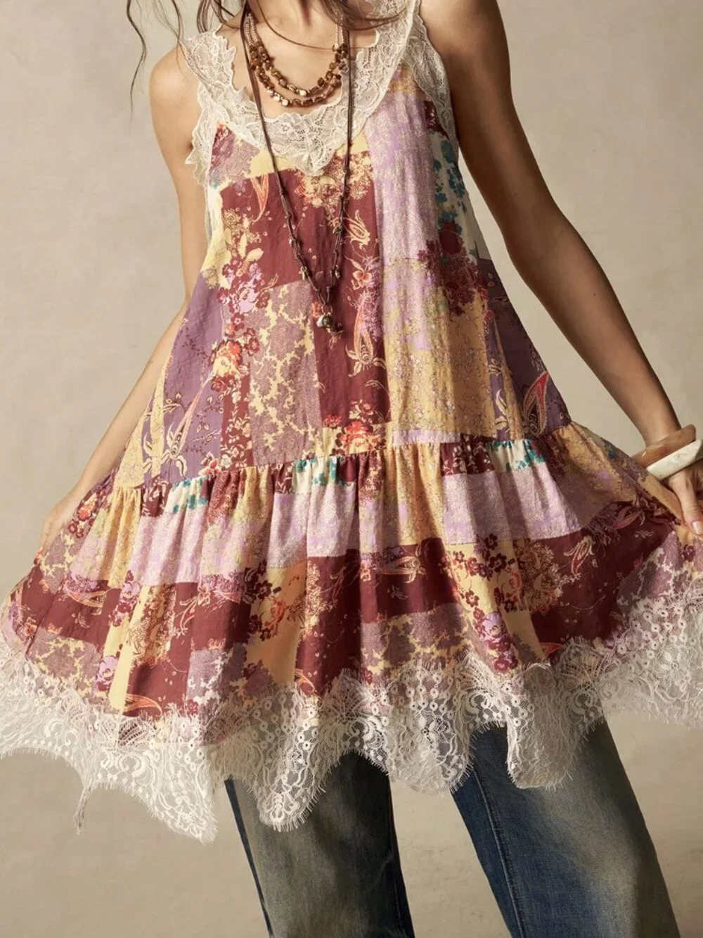 Multicolor Boho Women's Floral Print Contrast Lace Hem Sleeveless Short Dress